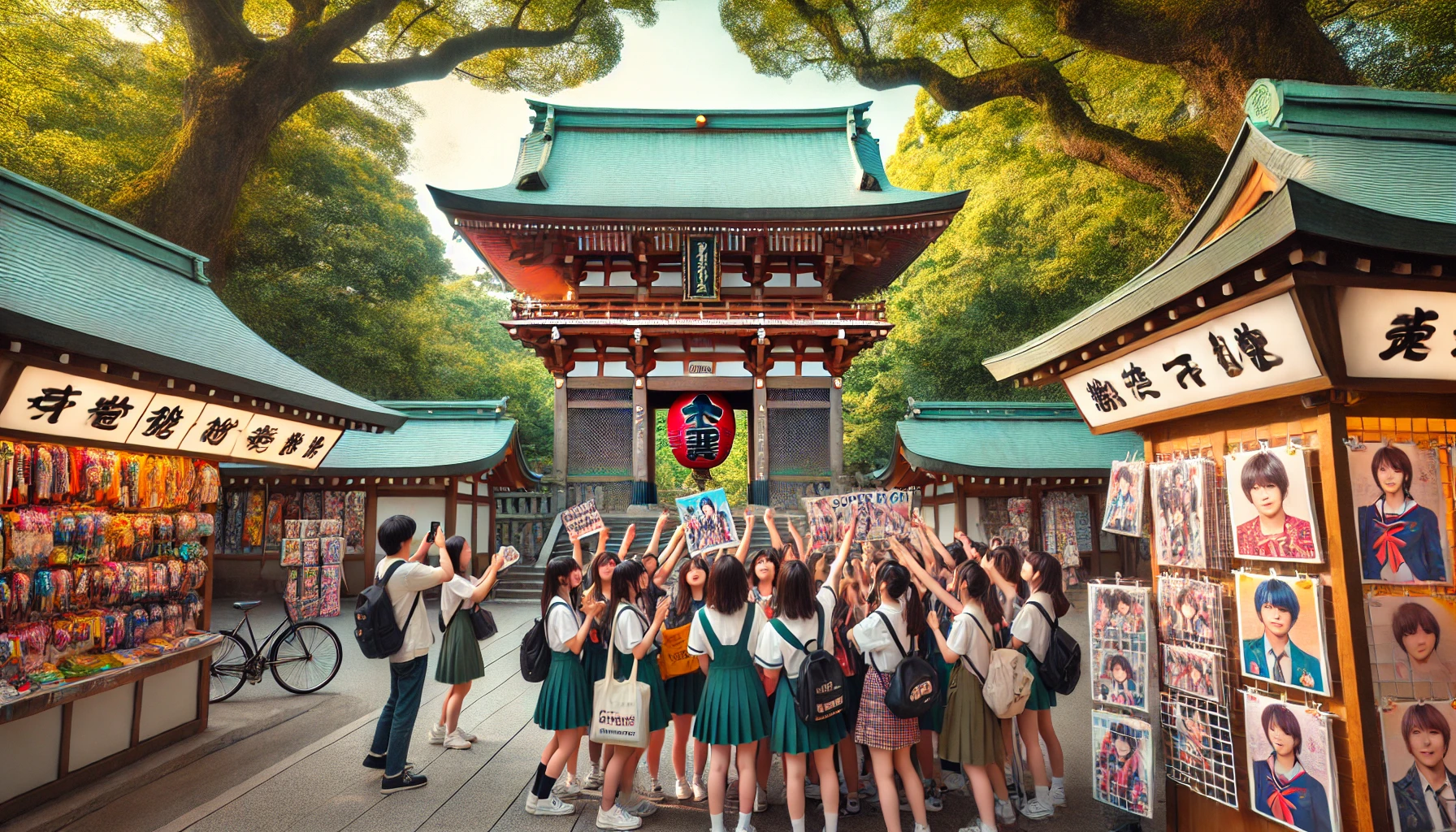 「赤羽八幡神社と人気アイドルグループのファンが集まるシーン、神社の商業的な側面を示すイメージ」